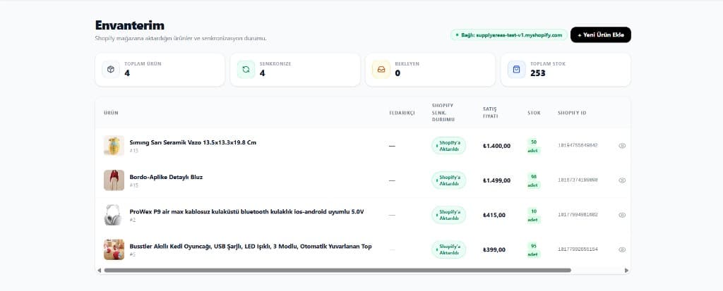 Envanter — Shopify senkronizasyonu, satış fiyatı, stok